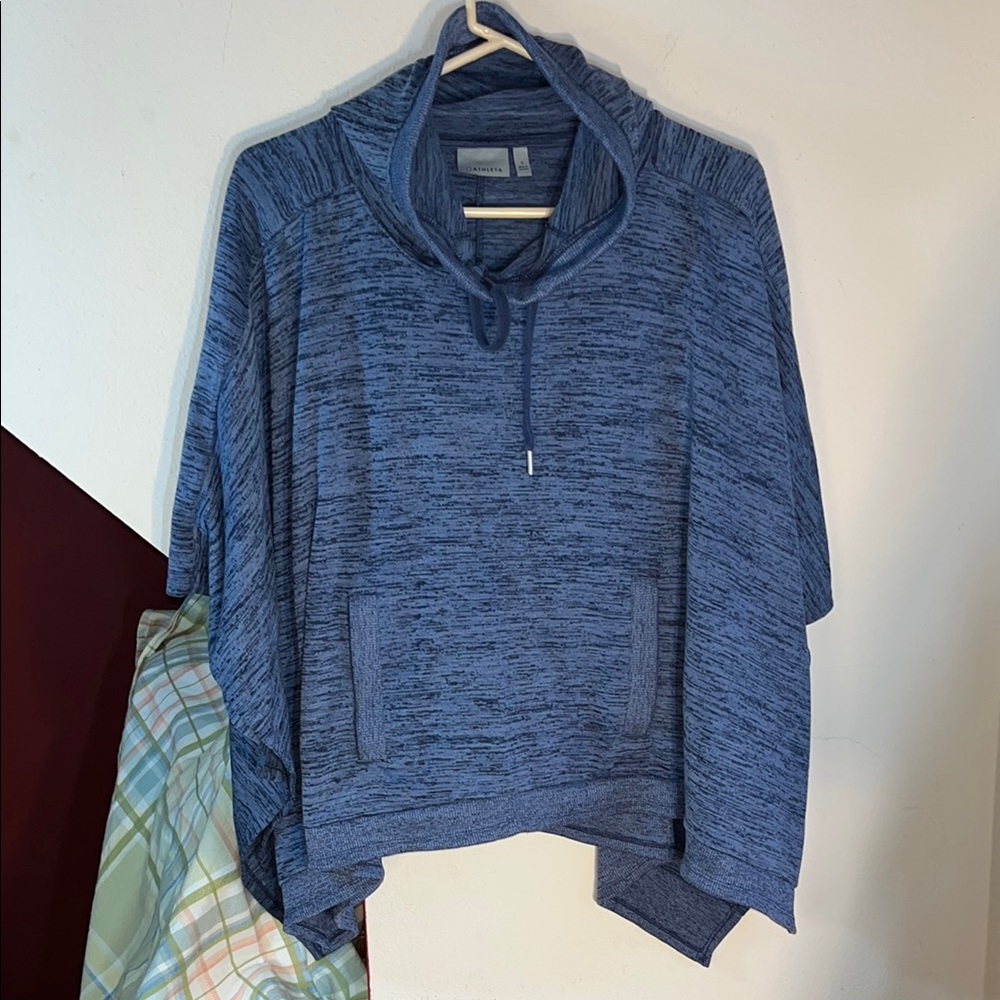 Athleta Variegated Blue Black Drawstring Hooded Poncho Sweater‎